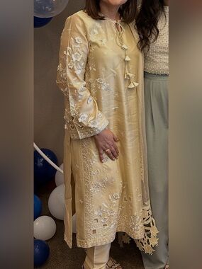 Embroidered Cream Long-Sleeve Women's Dress with Tassel Detail